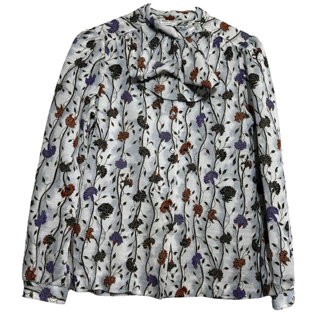 VTG 70s Fire Islander Pussybow Pussycat Bow Blouse Floral Print Button Down 12